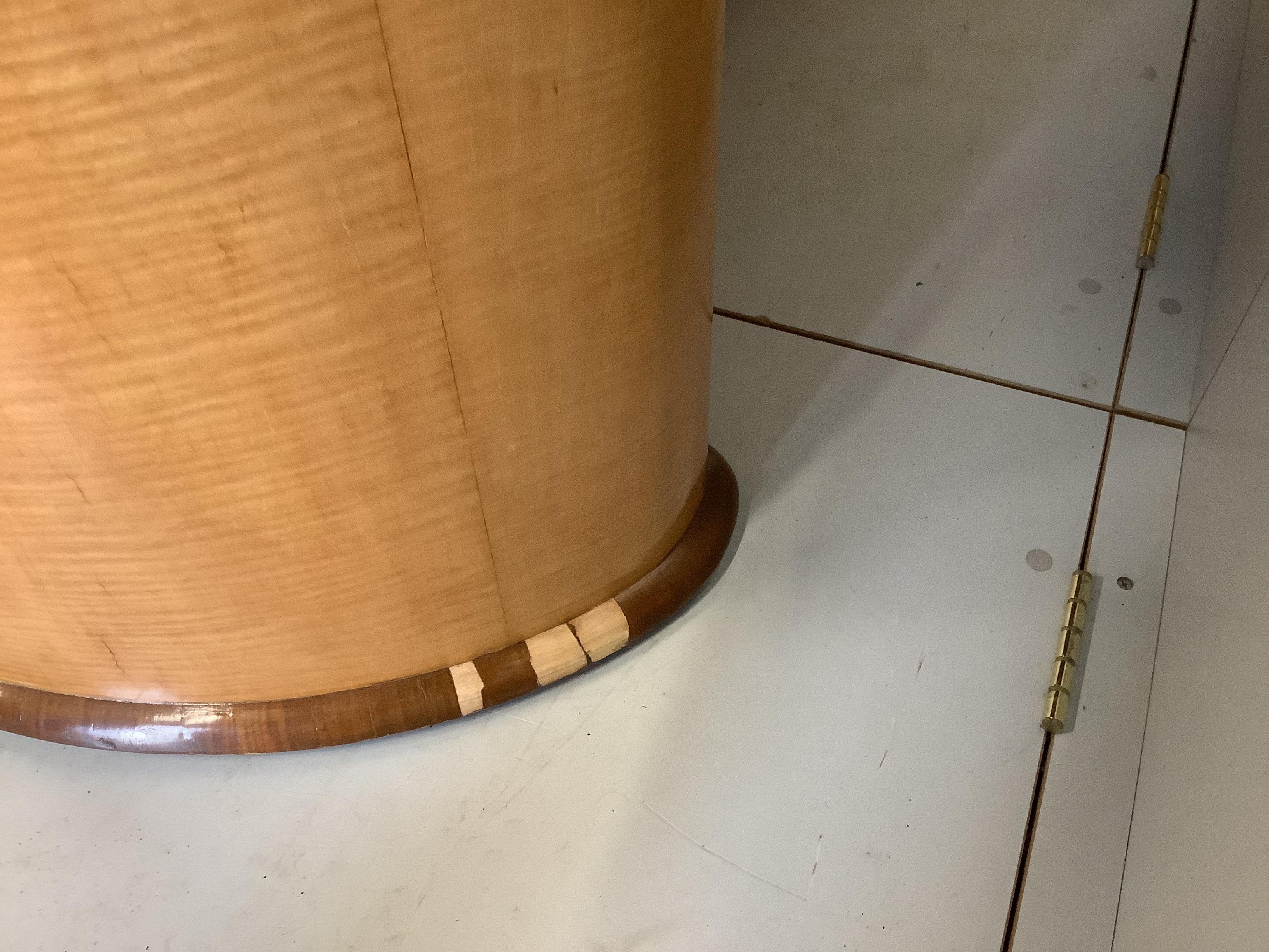An Art Deco walnut banded satinwood dining or centre table, width 220cm, depth 98cm, height 80cm.